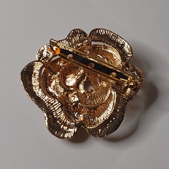 Heavy Metal Rhinestone Gold Tone Large Rose Brooch - Picture 10 of 13